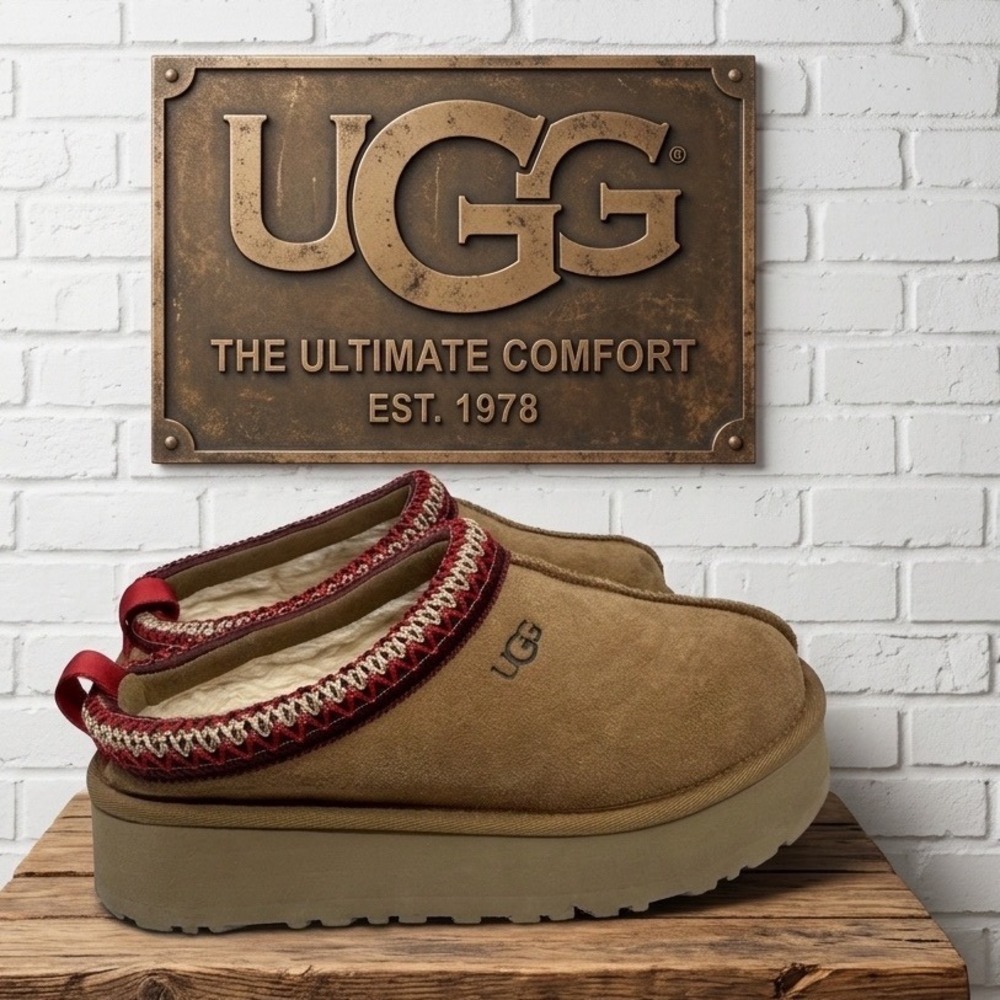 UGG Tazz Platform Suede Slippers Chestnut Red Tasman Braid Womens Suede Mules